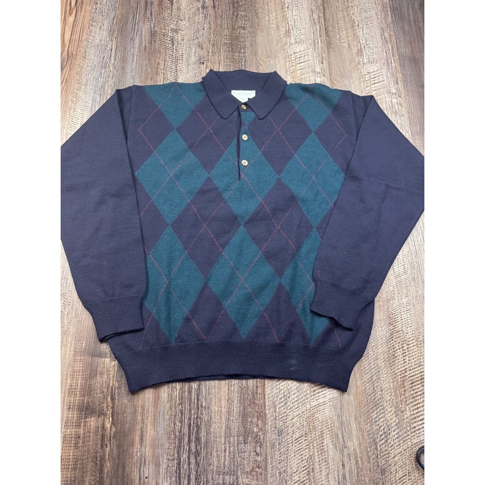 Tricots St. Raphael Mens Large Merino Wool Argyle Sweater Polo Navy Teal